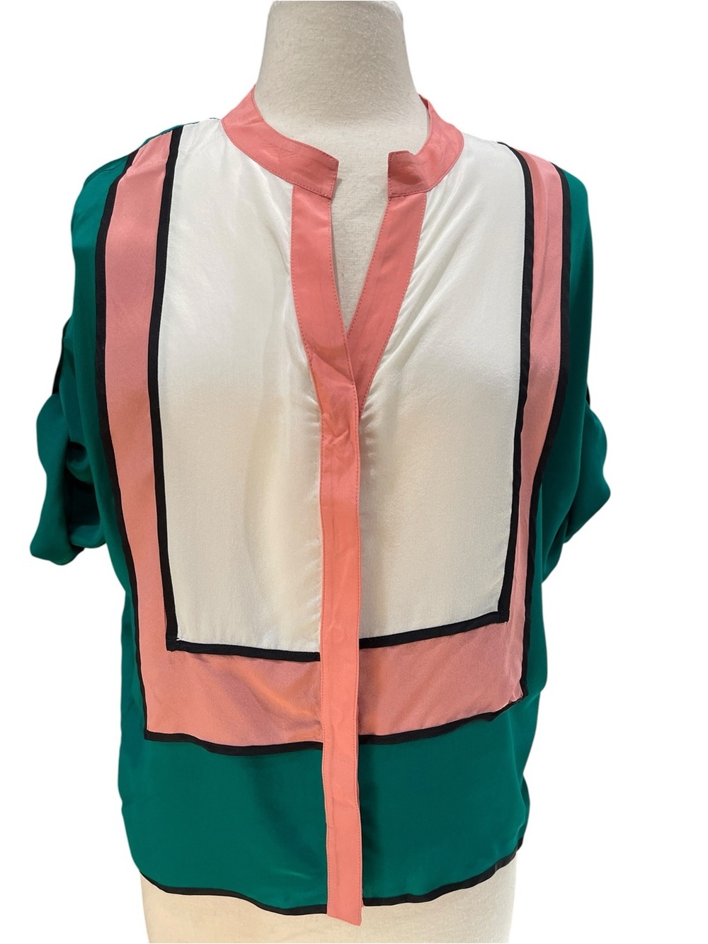 New Line & Dot Silk Color Block Short Sleeve Top Button Front Sz M Green Peach